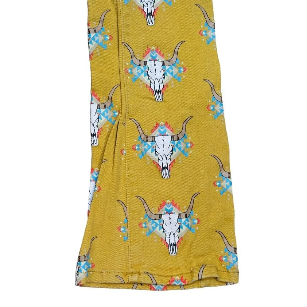 Fallon Taylor Western Steer Skull Jeans Bootcut Flare Mustard‎ Yellow 27 X 32
